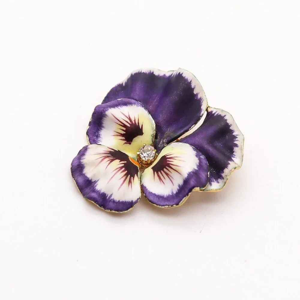 Crane & Theurer 1900 Art Nouveau Enameled Pansy Pendant 14Kt  Diamond - Picture 4 of 8